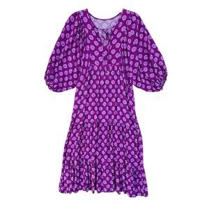 Purple Lavender Floral Midi Dress Women Size Small Layered Crew Tie Neck Relaxed